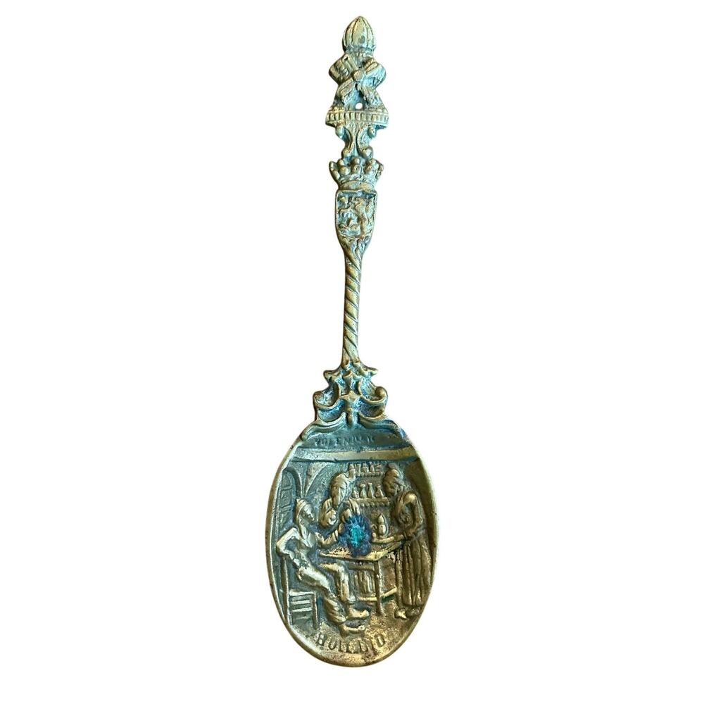 Vintage Brass Folk Scene Collectible Spoon 13"x3.25"